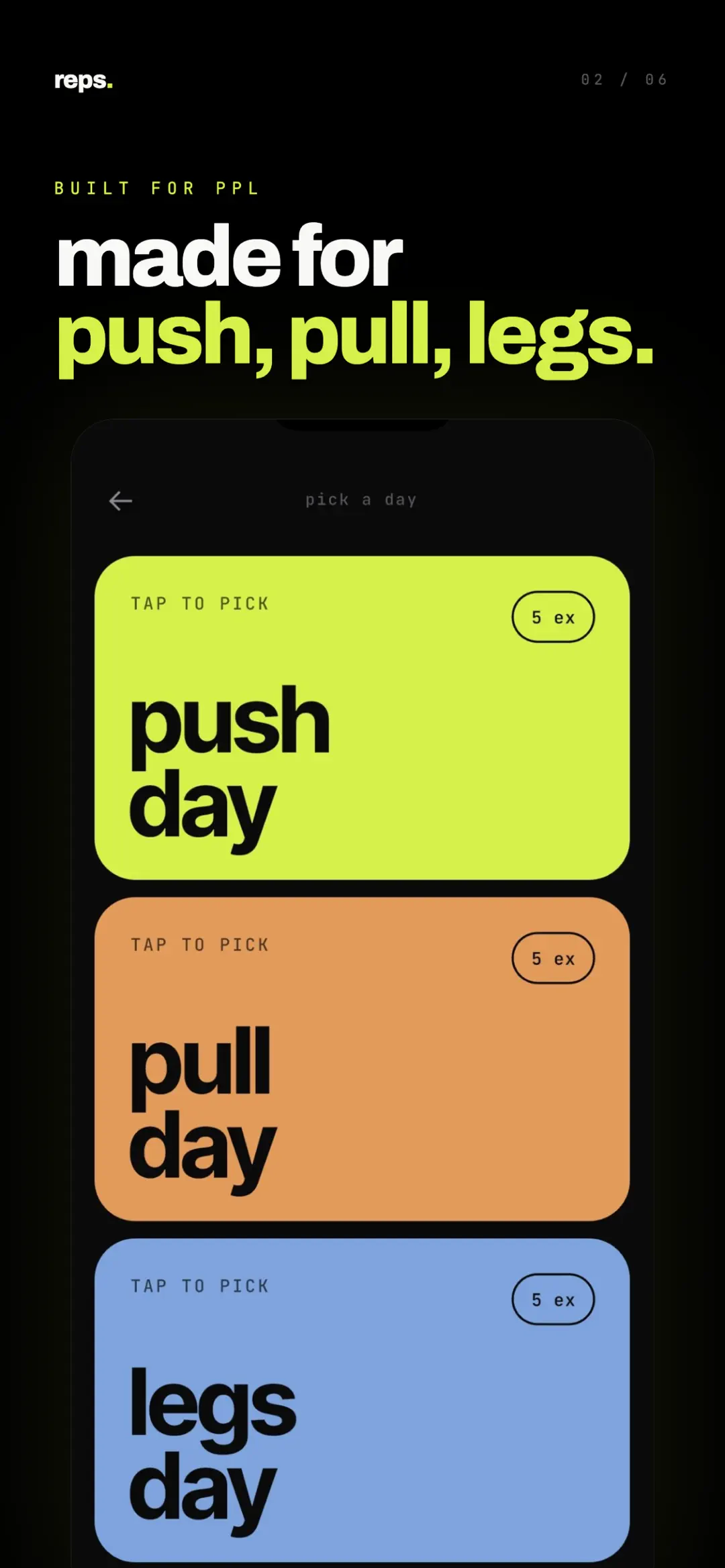 Day picker with push day, pull day and legs day cards